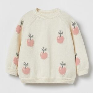 ZARA Baby Cream Knit Sweater with Pink Apple Pattern (Size 3–6 Months / 68 cm)